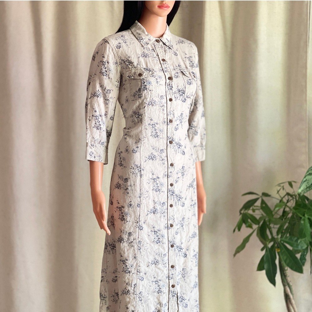 Eddie Bauer Petite M Linen Floral Shirt Dress Beige Blue Maxi Cottagecore Modest